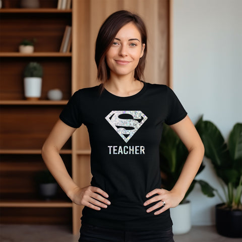 Super Teacher Black T-shirt with Silver Hologram