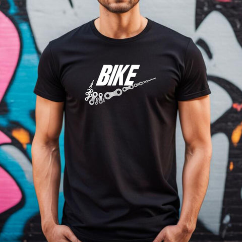 This T-shirt features the word "BIKE" adorned with a Metallic Chrome Vinyl Chain