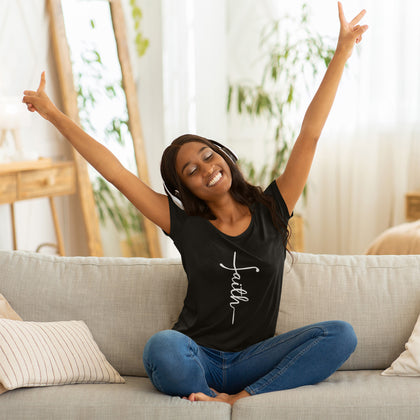 Women Faith Black T-shirt with the word Faith as the Cross