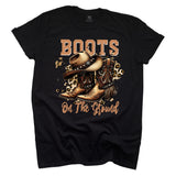Black t-shirt with cowboy boots and hat graphic and 'Boots on the Ground' text