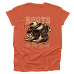 Burnt Orange t-shirt with cowboy boots and hat graphic and 'Boots on the Ground' text