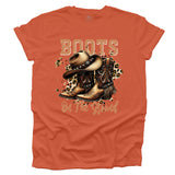 Burnt Orange t-shirt with cowboy boots and hat graphic and 'Boots on the Ground' text