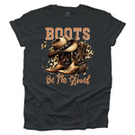 Dark Grey t-shirt with cowboy boots and hat graphic and 'Boots on the Ground' text