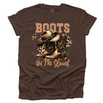 Heather Brown t-shirt with cowboy boots and hat graphic and 'Boots on the Ground' text