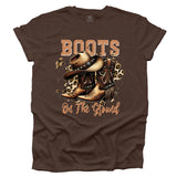 Heather Brown t-shirt with cowboy boots and hat graphic and 'Boots on the Ground' text