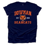 Bowman Bearcats Vintage Orange on a Navy T-shirt