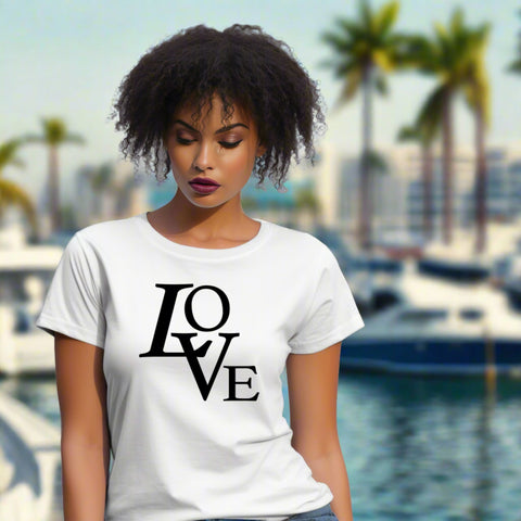 LV Love Women's White T-shirt featuring the word Love in a stylish design