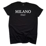 Black unisex t-shirt with 'MILANO ITALY'