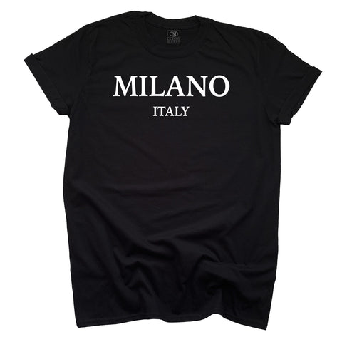 Black unisex t-shirt with 'MILANO ITALY'