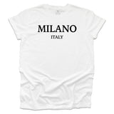 White unisex t-shirt with 'MILANO ITALY'