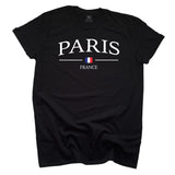 Black t-shirt with 'PARIS FRANCE' text and French flag on a white background