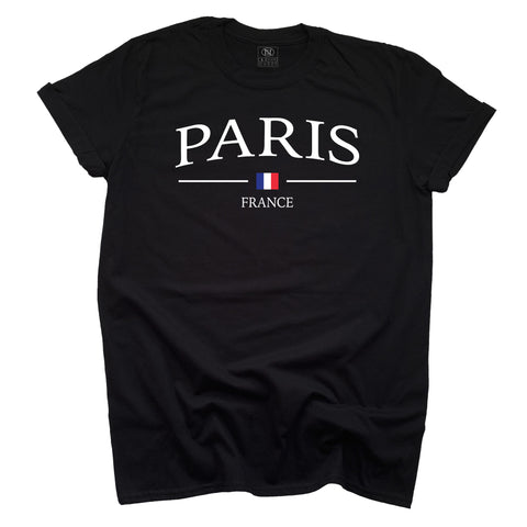 Black t-shirt with 'PARIS FRANCE' text and French flag on a white background