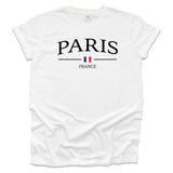 White t-shirt with 'PARIS FRANCE' text and French flag design on a white background