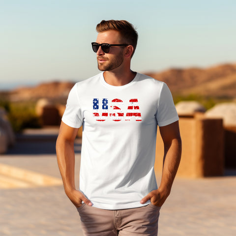 Vintage USA Design on White T-shirt on Model