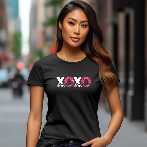 XOXO Women's Slim Fit Black T-shirt with White Fashion Puff X's and Pink Hologram O's