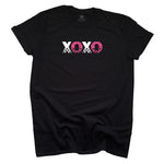 XOXO Women's Unisex Black T-shirt with White Fashion Puff X's and Pink Hologram O's